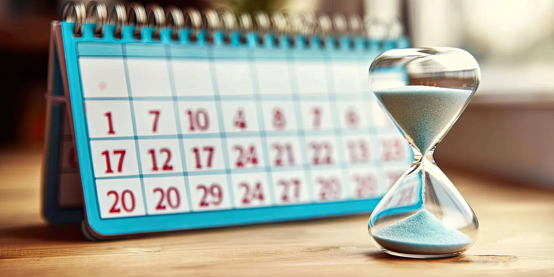 Calendar on a table with an hourglass.